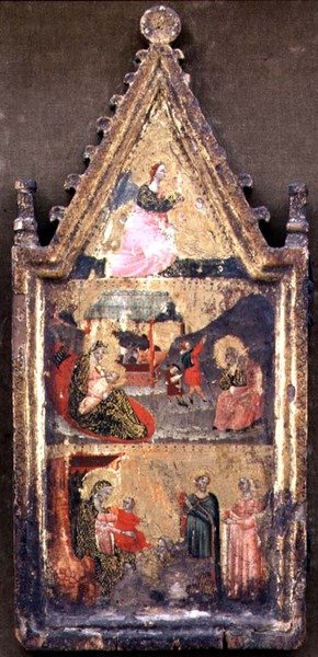 T-B: Bebudelsens engel; Fødselen og Bebudelsen til Hyrderne; Magiernes tilbedelse, venstre fløj af en ditykon (tempera på panel) af Giovanni (attr. to) Baronzio da Rimini