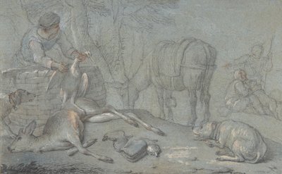 Jægere med dødt vildt i et landskab, 1600-1800. af Giovanni Agostino Cassana