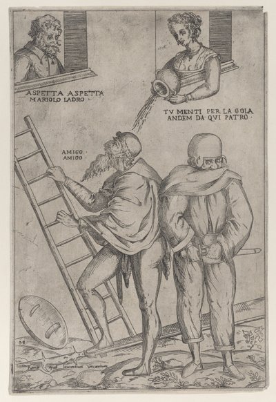 En mand klatrer op på en stige, mens en kvinde kaster vand på ham fra oven, 1575-99. af Giovanni Ambrogio Brambilla