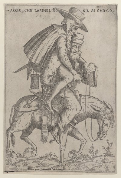Karikatur med to mænd på et muldyr, 1575-99. af Giovanni Ambrogio Brambilla