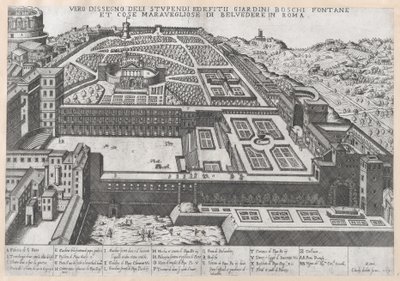 Mirror of Roman Magnificence: Luftfoto af Belvedere og dens haver, 1579., 1579. af Giovanni Ambrogio Brambilla.