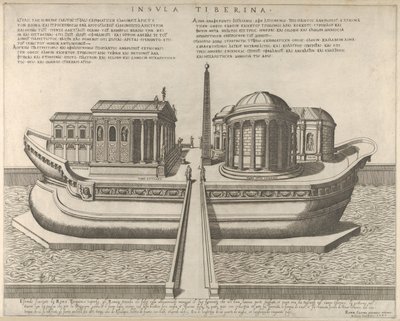 Udsigt over Tiberøen repræsenteret som et skib, Aesculapius-templet til venstre, 1582., 1582. af Giovanni Ambrogio Brambilla
