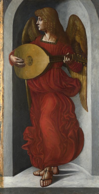 En engel i rødt med en lut, ca. 1490-1499 af Giovanni Ambrogio de Predis