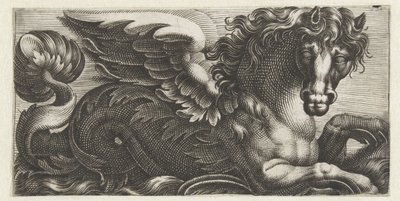 Bevinget søhest med en bladknop på halen Frisere med havmonstre (serietitel) af Giovanni Andrea Maglioli