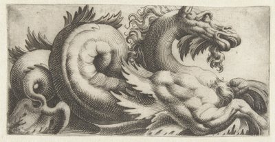 Søhest med bladformede finner og fipskæg Frisere med havmonstre (serietitel) af Giovanni Andrea Maglioli