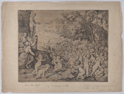 Putti foran en statue af Venus, efter Titian, 1636. af Giovanni Andrea Podesta