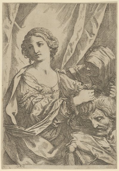Judith greb hovedet af Holofernes ved håret og ser til venstre, en gammel wo ..., 1600-1640. af Giovanni Andrea Sirani