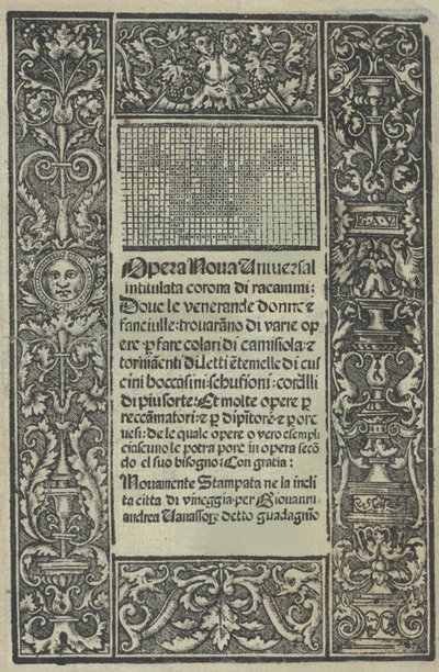 Opera Nova Universali med titlen Corona di racammi, titelblad recto, [1530]. af Giovanni Andrea Vavassore