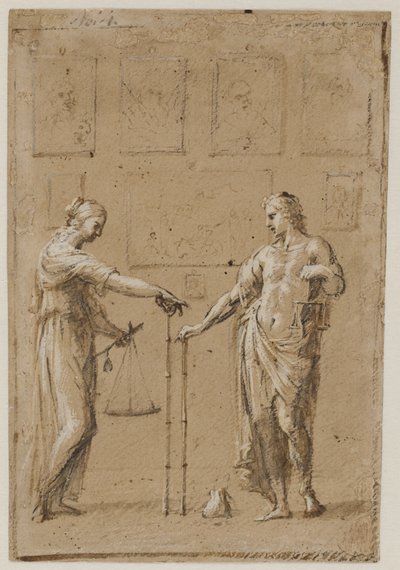 En mand og en kvinde i antikke kostumer, hver med vægt og lineal, foran en væg med malerier. En pung på gulvet foran manden af Giovanni Angelo Canini