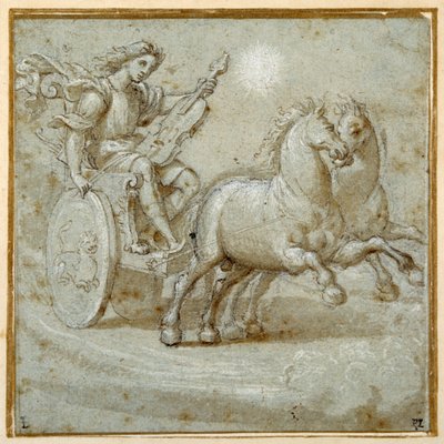 Apollo siddende i sin vogn med sin viol (sort kridt, pen & brunt blæk med brun vask forhøjet med hvid kropsfarve på carta azzurra) af Giovanni Antonio (circle of) Pordenone