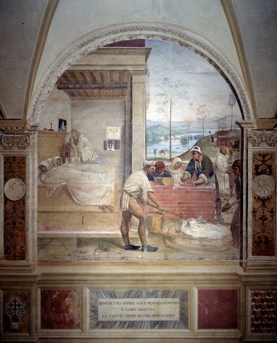 Benedikt viser sig for to munke og præsenterer dem projektet af et klosterfresko af klostret lavet af Antonio Bazzi dit il Sodoma (1477 - 1549), der fortæller om livet for den hellige Benedikt af Nursie (480 - 567), grundlæggeren af Benediktinerordenen 150 af Giovanni Antonio Bazzi Sodoma