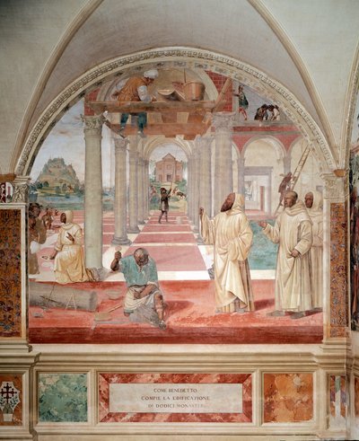 Benedikt byggede tolv klostre fresko af klostret fremstillet af Antonio Bazzi dit il Sodoma (1477 - 1549), der fortæller om livet for Sankt Benedikt af Nursie (480 - 567) grundlægger af Benediktinerordenen 1503 - 1508 Abbey of Monte Florto Maggiore af Giovanni Antonio Bazzi Sodoma