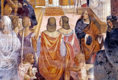 Benedikt ekskommunikerede to nonner og frikender dem efter deres død. Detail Cloister fresco af Antonio Bazzi dit il Sodoma (1477 - 1549), der fortæller om livet for Saint Benedict of Nursie (480 - 567) grundlægger af Benediktinerordenen 1503 - 1508 Abbey  af Giovanni Antonio Bazzi Sodoma