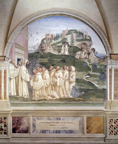 Benedikt udløste en kilde på toppen af bjerget Fresco af klostret lavet af Antonio Bazzi dit il Sodoma (1477 - 1549), der fortæller om livet for Saint Benedict of Nursie (480 - 567) grundlægger af Benediktinerordenen 1503 - 1508 Abbey of Monte Oliveto af Giovanni Antonio Bazzi Sodoma