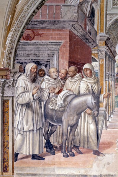 Florent sendte prostituerede til klostret (Florenzo sender kurtisaner til klostret Sankt Benedikt) Detaljeret fresko af klostret udført af Antonio Bazzi dit il Sodoma (1477 - 1549), der fortæller om Sankt Benedikts (480 - 567) grundlægger af ordenen. af Giovanni Antonio Bazzi Sodoma