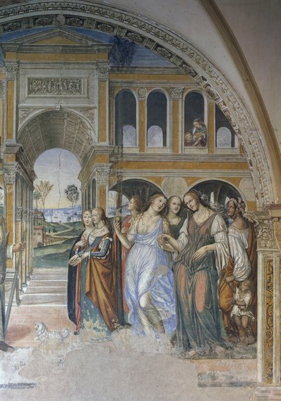 Florentius sender skøgerne ind i klostret, scene fra St. Benedikts liv af Giovanni Antonio Bazzi Sodoma