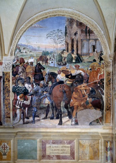 Hvordan Benedict forudsiger ødelæggelsen af Monte Cassino (St. Benedict forudsiger ødelæggelsen af Monte Cassino) Detalje - fresko af klostret lavet af Antonio Bazzi dit il Sodoma (1477 - 1549), der fortæller om livet for den hellige Benedikt af Nursie (48 af Giovanni Antonio Bazzi Sodoma
