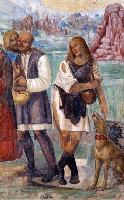 Hvordan Benedikt underviser den hellige doktrin til bønderne, der besøger ham. Detaljeret fresko af klosteret realiseret af Antonio Bazzi dit il Sodoma (1477 - 1549), der fortæller om livet for den hellige Benedikt af Nursie (480 - 567), grundlæggeren af B af Giovanni Antonio Bazzi Sodoma