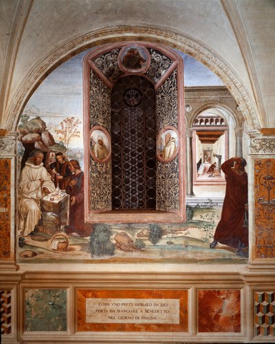 Hvordan en præst bragte mad til Benedikte i påsken - Fresko af klostret lavet af Antonio Bazzi dit il Sodoma (1477 - 1549), der fortæller om livet for den hellige Benedikt af Nursia (480 - 567) grundlægger af Benediktinerordenen 1503 - 1508 Abbey of Monte  af Giovanni Antonio Bazzi Sodoma
