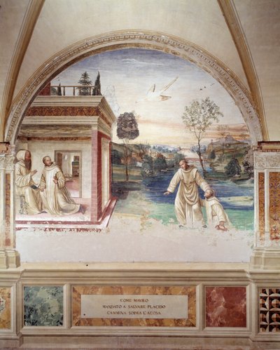 Maur går på vandet for at redde St. Placid (St. Maurus går på vandet for at redde St. Placid) fresko af klostret lavet af Antonio Bazzi dit il Sodoma (1477 - 1549), der fortæller om livet for Saint Benedict of Nursie (480 - 567) grundlæggeren af Benediktin af Giovanni Antonio Bazzi Sodoma