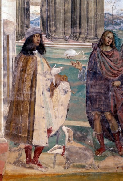 Sankt Benedikt reparerer en knækket si Selvportræt af kunstneren - Detalje Fresko af klostret realiseret af Antonio Bazzi dit il Sodoma (1477 - 1549), der fortæller om livet for Sankt Benedikt af Nursie (480 - 567), grundlægger af Benediktinerordenen 1503  af Giovanni Antonio Bazzi Sodoma