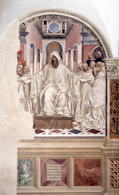Sankt Benedikt giver munkene reglen (Benedikt giver munkene reglen) fresko af klostret lavet af Antonio Bazzi dit il Sodoma (1477 - 1549), der fortæller om livet for Sankt Benedikt af Nursie (480 - 567), grundlæggeren af ordenen af Benediktiner 1503 af Giovanni Antonio Bazzi Sodoma