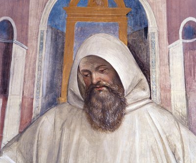Sankt Benedikt giver reglen til olivenmunkene. Detaljeret fresko af klostret lavet af Antonio Bazzi dit il Sodoma (1477 - 1549), der fortæller om livet for Sankt Benedikt af Nursie (480 - 567), grundlægger af Benediktinerordenen 1503 - 1508 Abbey of Monte  af Giovanni Antonio Bazzi Sodoma