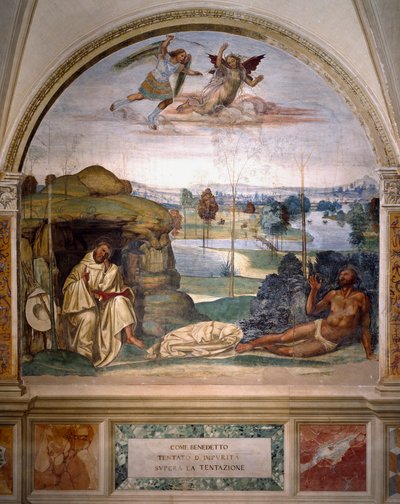 Sankt Benedikt sejrer over fristelsen ved at kaste sig nøgen ind i en tornbusk, mens en engel kæmper mod dæmonen Fresco fra munkenes refektorium lavet af Antonio Bazzi dit il Sodoma (1477 - 1549) og fortæller om Sankt Benediktins liv (48) af Giovanni Antonio Bazzi Sodoma