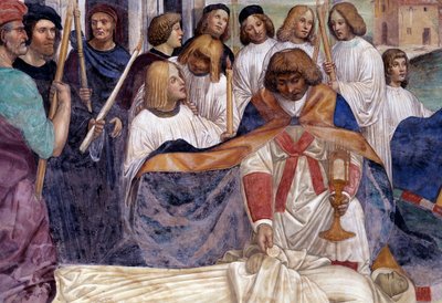 St. Benedikt bærer Kristi legeme på kroppen af den munk, som jorden nægter at begrave. Detalje fresko af klostret realiseret af Antonio Bazzi dit il Sodoma (1477 - 1549), der fortæller om Sankt Benedikt af Nursie