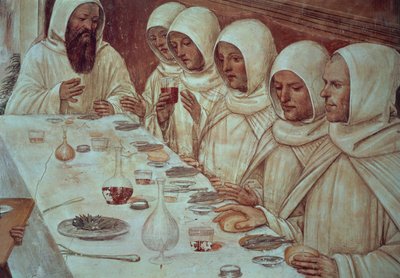 St. Benedikt havde fået rigeligt mel og fodret munkene, en detalje fra St. Benedikts liv af Giovanni Antonio Bazzi Sodoma