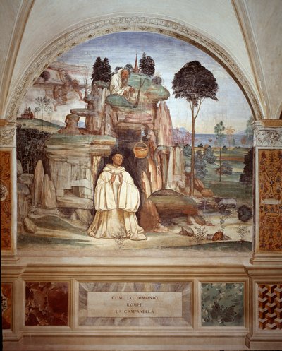 Dæmonen knækker klokken - Dæmonen bryder klokkefreskoen af klostret lavet af Antonio Bazzi dit il Sodoma (1477 - 1549), der fortæller om livet for Saint Benedict of Nursie (480 - 567) grundlægger af Benediktinerordenen 1503 - 1508 Abbey af Monte Olivet af Giovanni Antonio Bazzi Sodoma