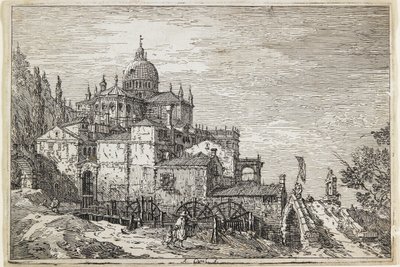 Landskab med Kirke, Huse og Mølle af Giovanni Antonio Canal