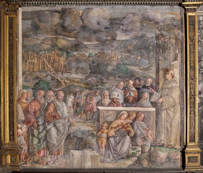 St. Anthony ankommer til Padua, hvor han genopretter freden mellem borgerne med styrken og sødmen af sin forkyndelse, School of the Saint af Giovanni Antonio Corona