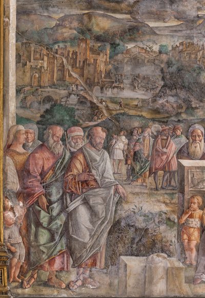 St. Anthony ankommer til Padua, hvor han genopretter freden mellem borgerne med styrken og sødmen fra sin forkyndelse, School of the Saint, detalje fra 2196876 af Giovanni Antonio Corona