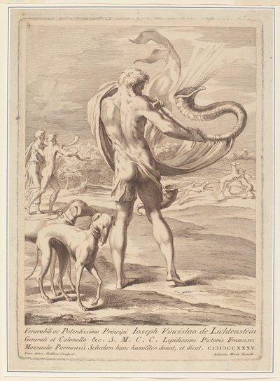 Nøgen mand blæser en konkylie af Giovanni Antonio Faldoni after Parmigianino