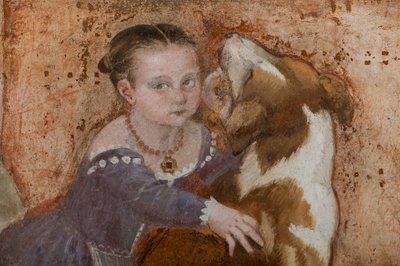 Lille pige og hund, detalje af The Banket, ca. 1570 (fresco) af Giovanni Antonio Fasolo