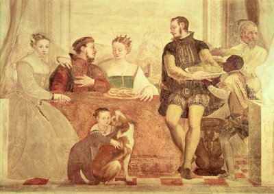 Banketten, detalje af figurer ved bordet af Giovanni Antonio Fasolo