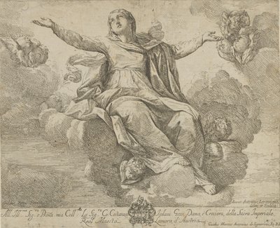 Jomfruens himmelfart, som sidder i skyerne med udstrakte arme, ang..., 1685-1720. af Giovanni Antonio Lorenzini