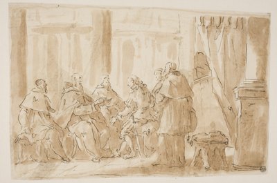 En gruppe på fem præster taler med en lægmand af Giovanni Antonio Pellegrini