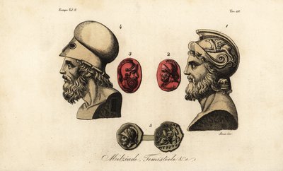 Buster og ædelstene af athenske politikere Miltiades den Yngre 1,2, Themistokles 3,4 og Kong Pyrrhus I 5 af Giovanni Antonio Sasso