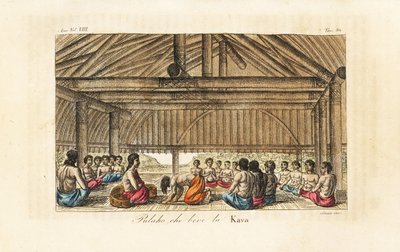 Kong Polaho drikker kava i et langhus, Tonga (venlige øer). Håndfarvet kobberplade indgraveret af Sasso efter John Webber fra Giulio Ferrario
