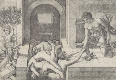 Uvidenhed og Mercury en allegori om dyd og last, Mercury knæler til højre..., ca. 1490-1525. af Giovanni Antonio da Brescia
