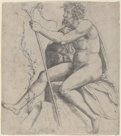 Mand siddende og holder en gaffelstang af Giovanni Antonio da Brescia