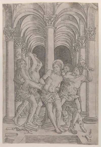 The Flagellation of Christ, der er bundet til en søjle i midten, sat i en arkade, 1509., 1509. af Giovanni Antonio da Brescia