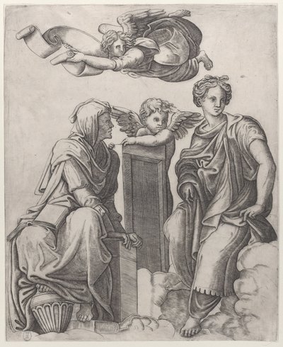 To kvindeskikkelser siddende i skyerne flankerende en engel og en anden flyvende over ..., ca. 1510-25. af Giovanni Antonio da Brescia