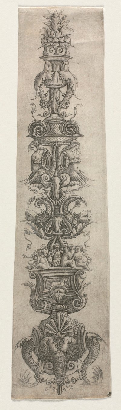 Opretstående arabesk med masker, amoriner og nereider af Giovanni Antonio da Brescia
