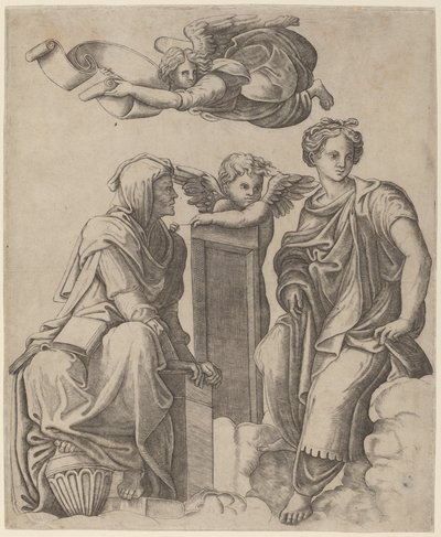 To sibyller og en engel af Giovanni Antonio da Brescia after Raphael