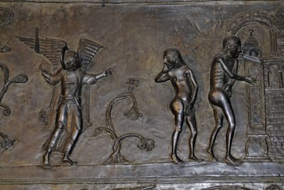 Ottonian Art: Adam og Eva fordrevet fra Paradiset. Omkring 1015. Skulptur på en af bronzedørene til Cathedrale Saint Mary i Hildesheim (Tyskland). af Phillipe de Marlier