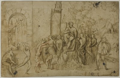 Akrobater optræder foran en lineal (recto); udendørs scene med gruppe af figurer (verso) af Giovanni Antonio da Pordenone