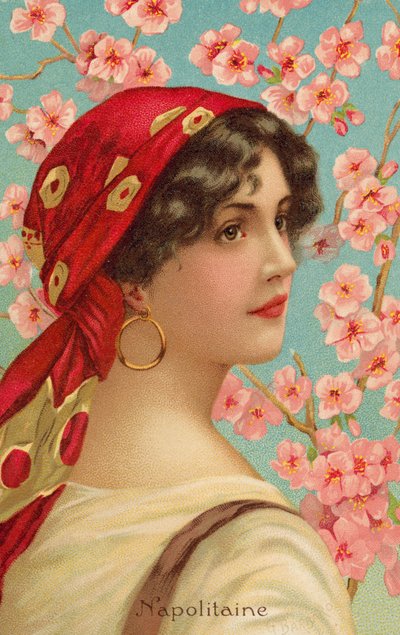 Portræt af en napolitansk kvinde med et træ i blomst (farve litho) af Giovanni Barbaro